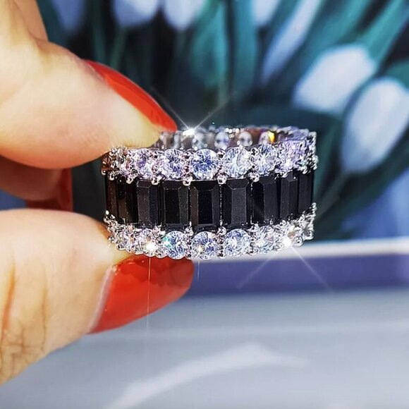 NEW 925 Sterling Silver Black Sapphire Diamond Ring Band - Picture 2 of 8